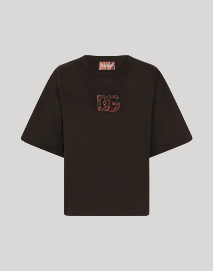 DOLCE & GABBANA INTERLOCK LOGO EMBROIDERY WOMEN BLACK T-SHIRT