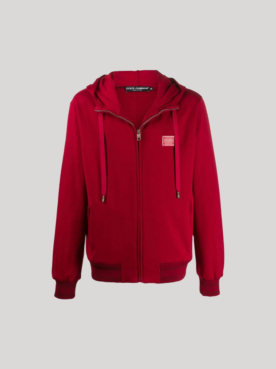 DOLCE & GABBANA PLAQUE RED ZIPPED HOODED SWEATER